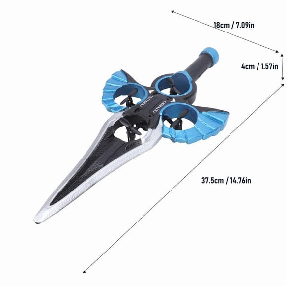 Blue flying sword dimension diagram showing 37.5 by 18 by 4 cm