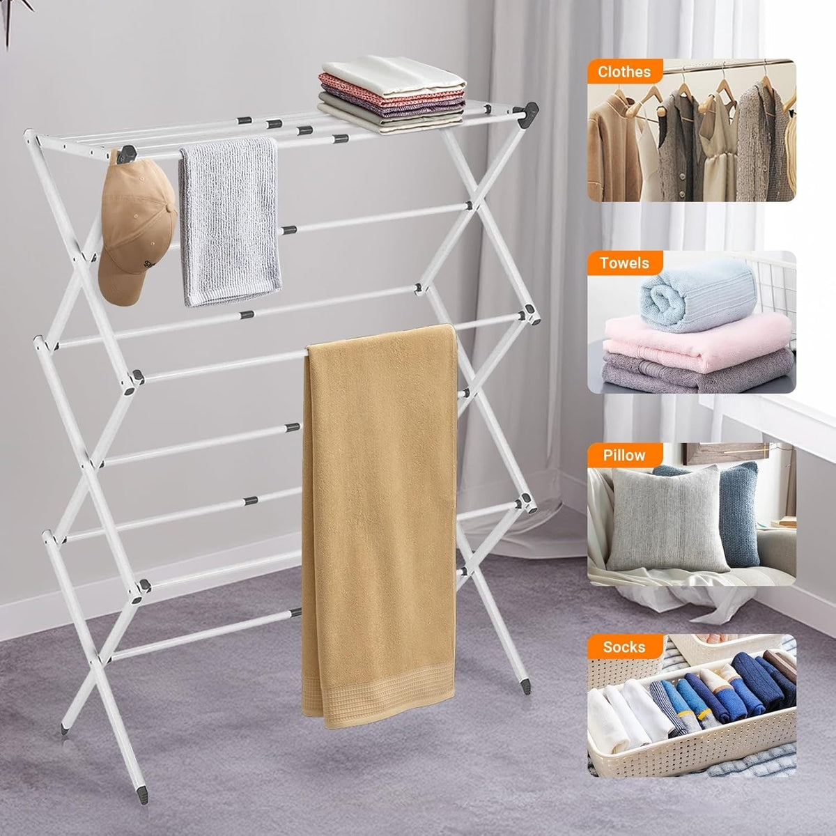 White multi-bar rack holding mixed laundry