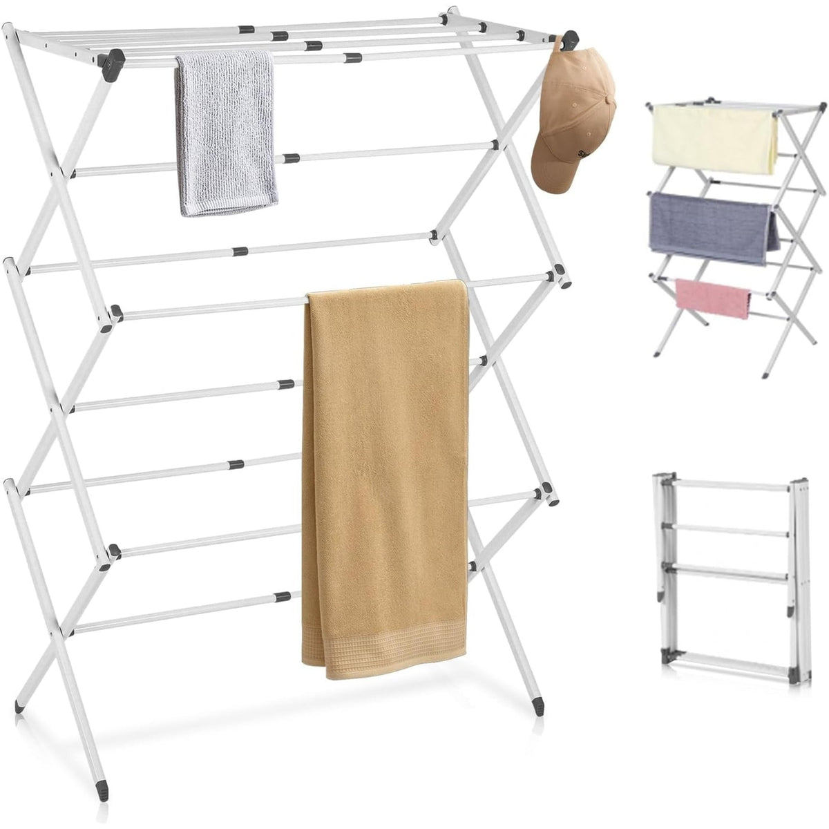 White accordion drying rack shown in three positions
