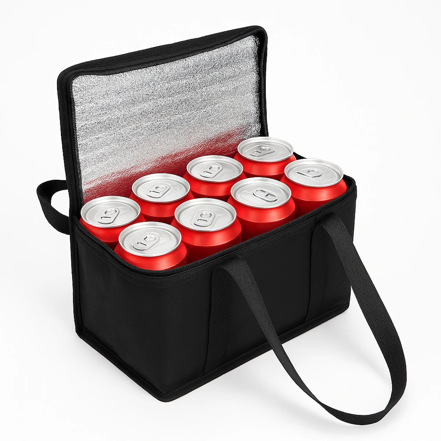 Black foldable insulated thermal food bag with zipper and handles, aluminium foil lined for keeping lunches and groceries cool or warm.