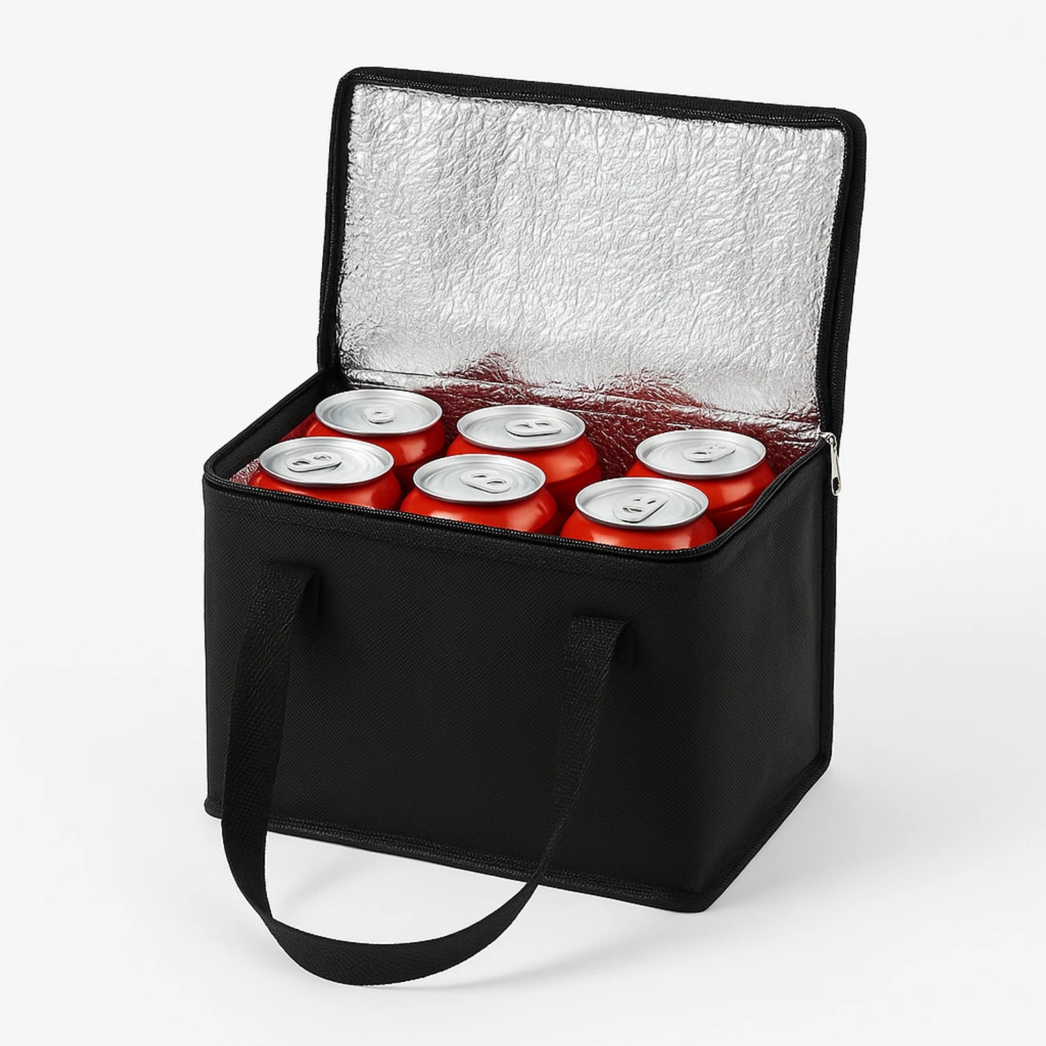 Foldable black insulated thermal food bag with aluminium foil lining, zipper closure, and handles for keeping lunches and groceries cool or warm.