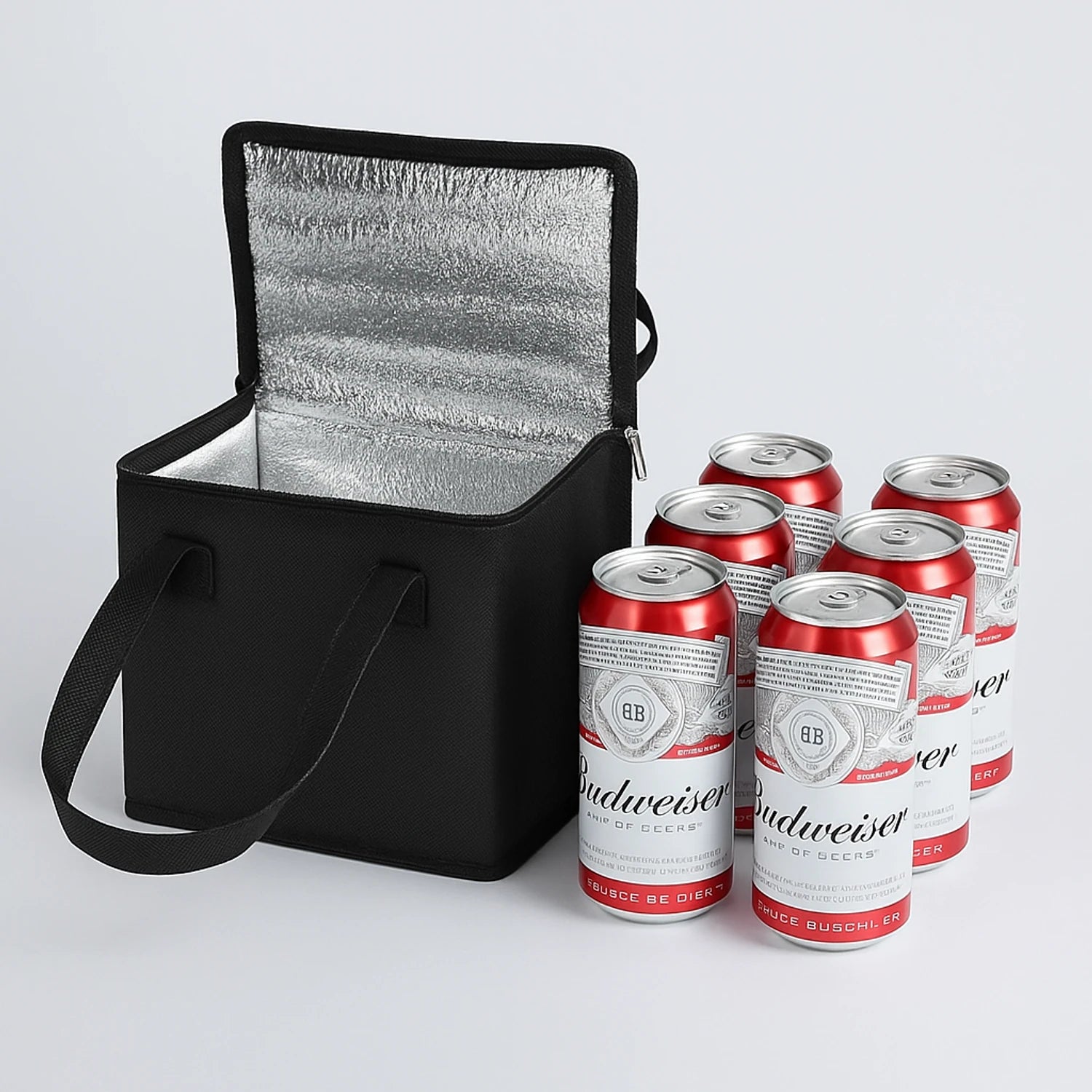 Black foldable insulated thermal food bag with aluminium foil lining, zipper closure, and handles, ideal for lunches, groceries, and picnics.