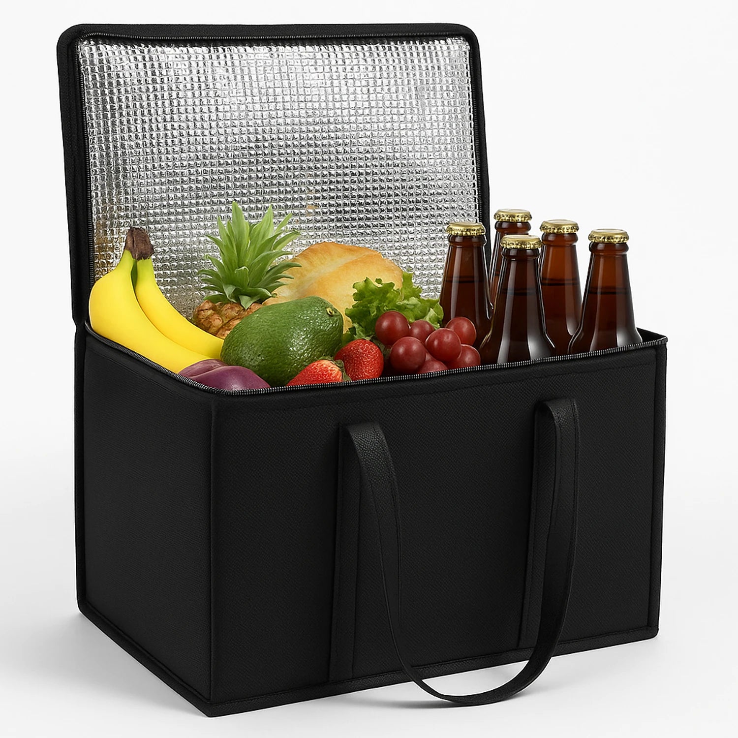 Foldable black insulated thermal food bag with aluminium foil lining, zipper closure, and durable handles for keeping food warm or cool on the go.