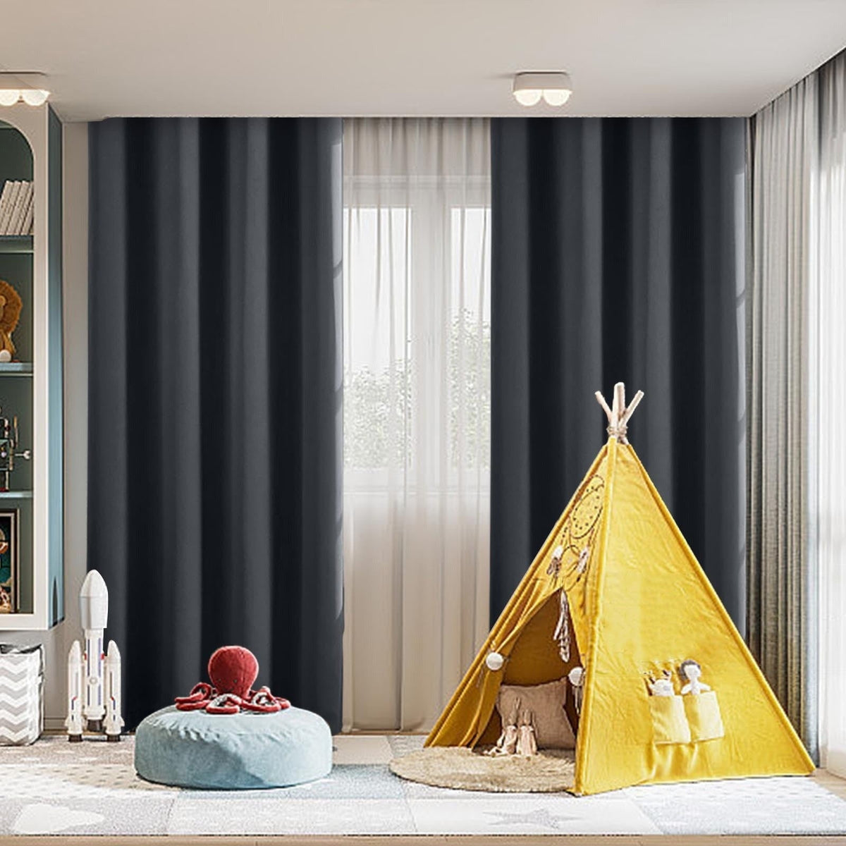 Black curtains in a bedroom setting