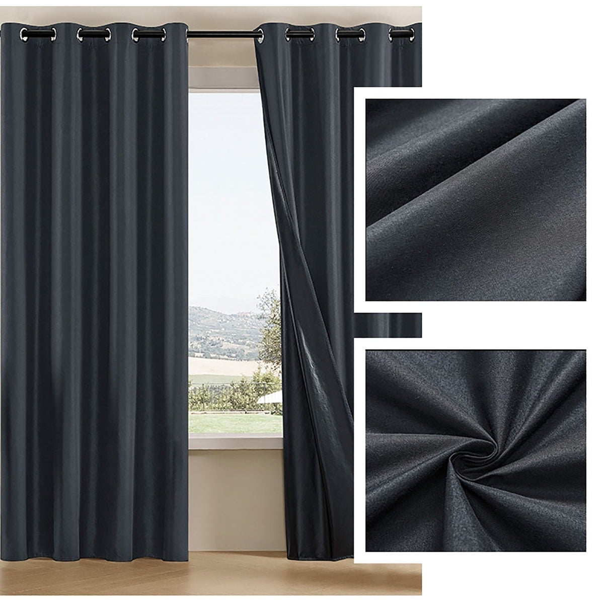 Black curtain with fabric texture details
