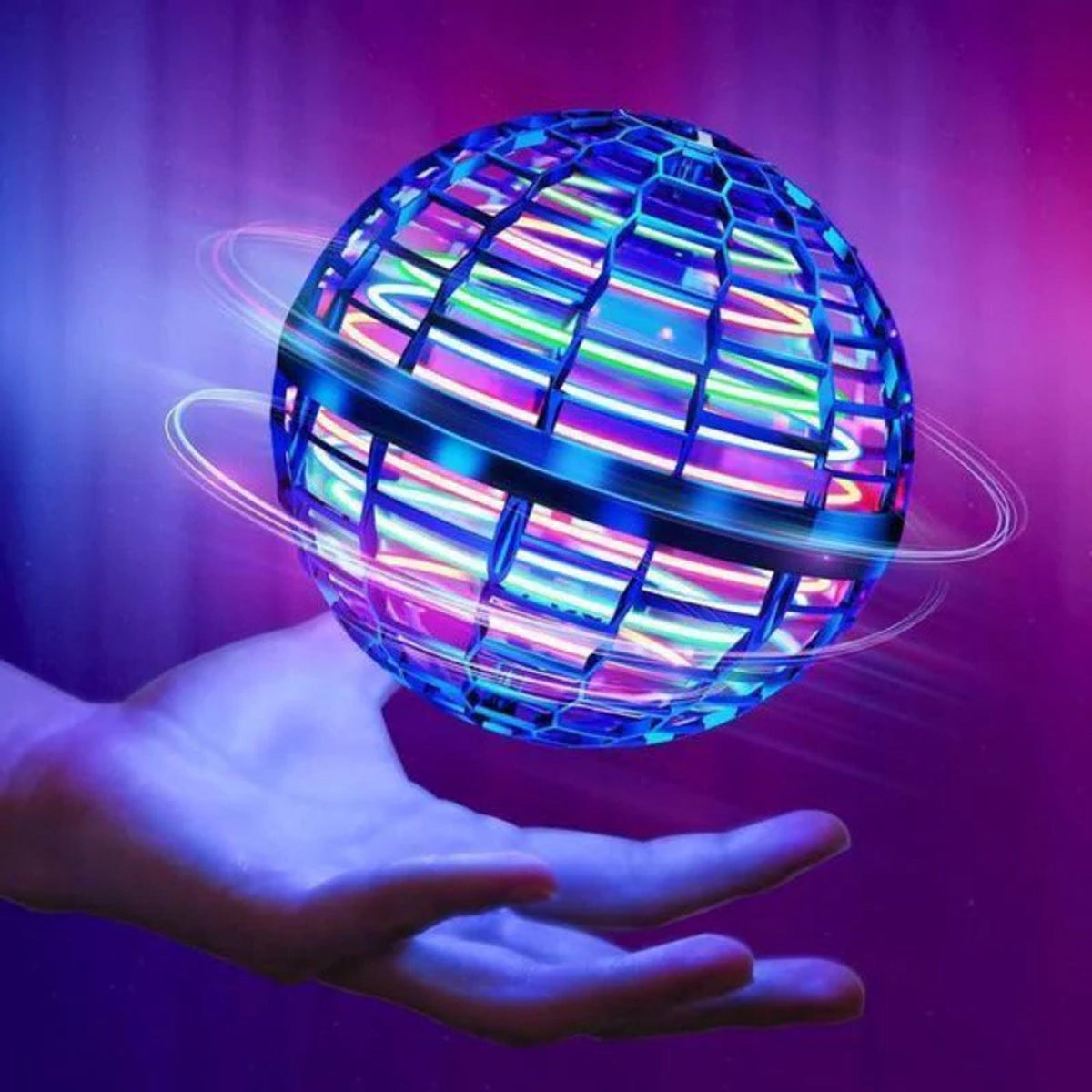 Blue caged flying hover ball with LED lights