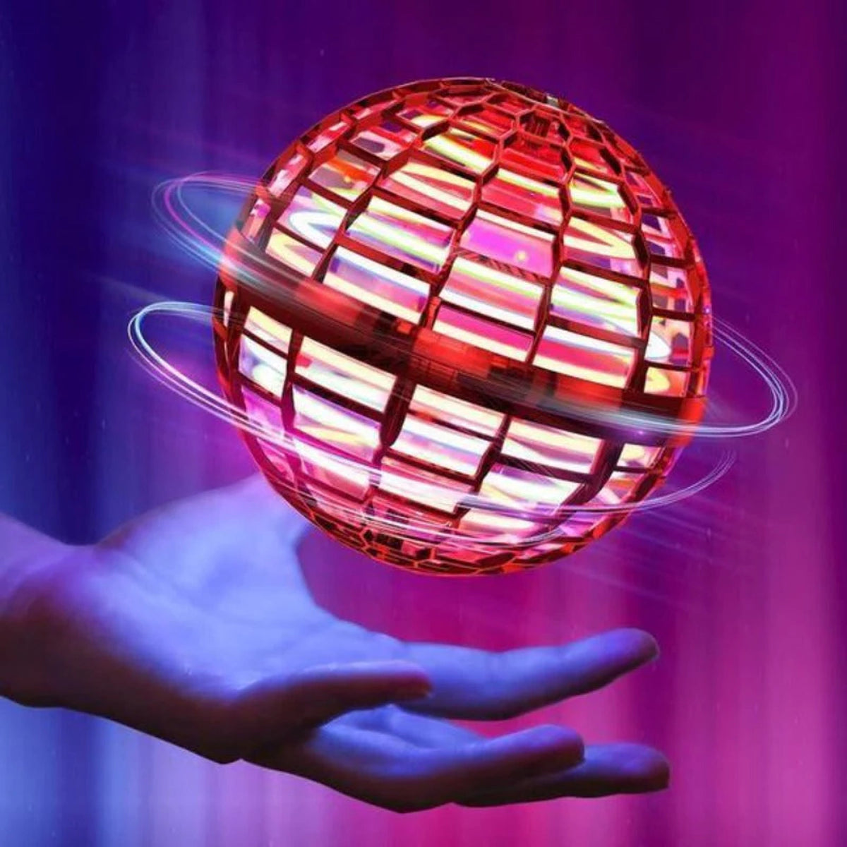 Red flying hover ball with light trails