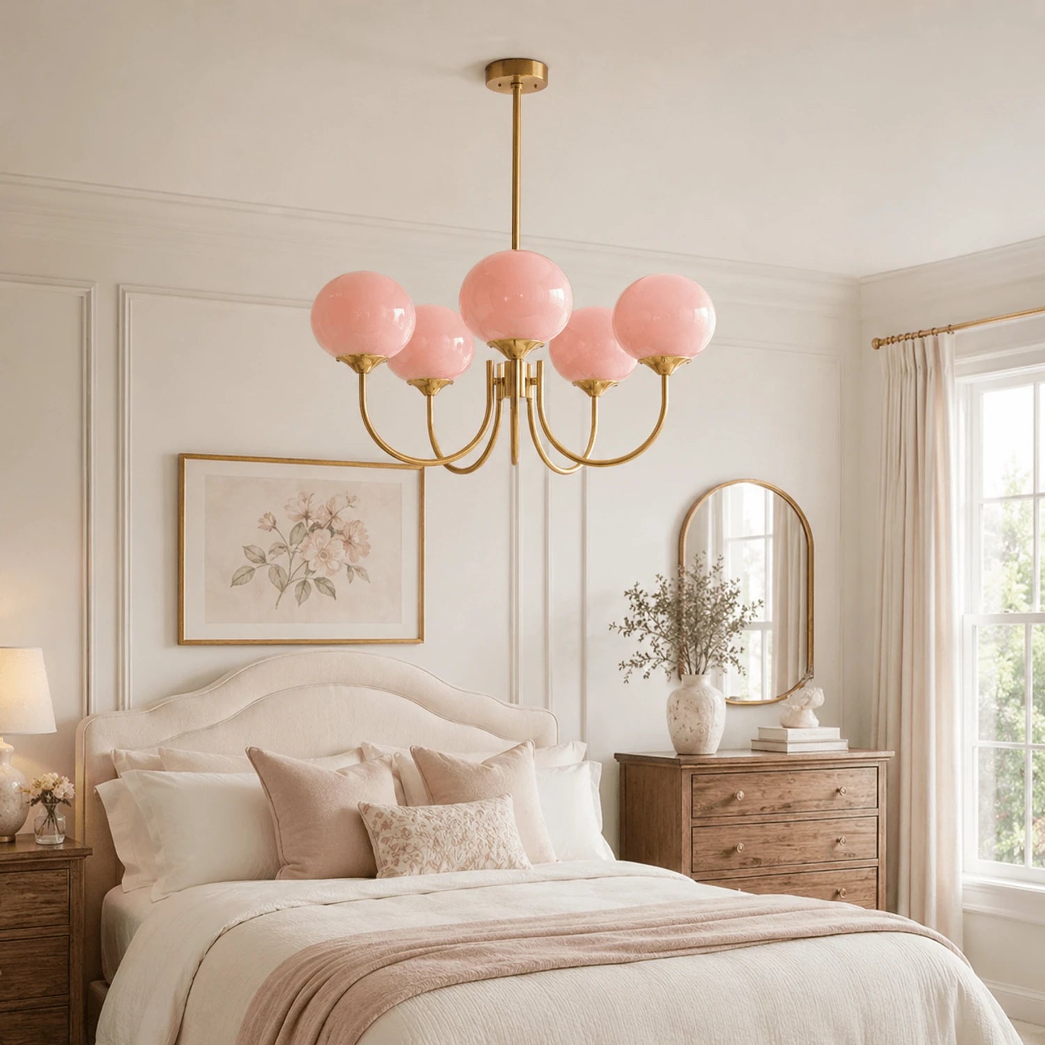 Modern glass ball pendant light with metal finish, suitable for living room or bedroom ceiling lighting.