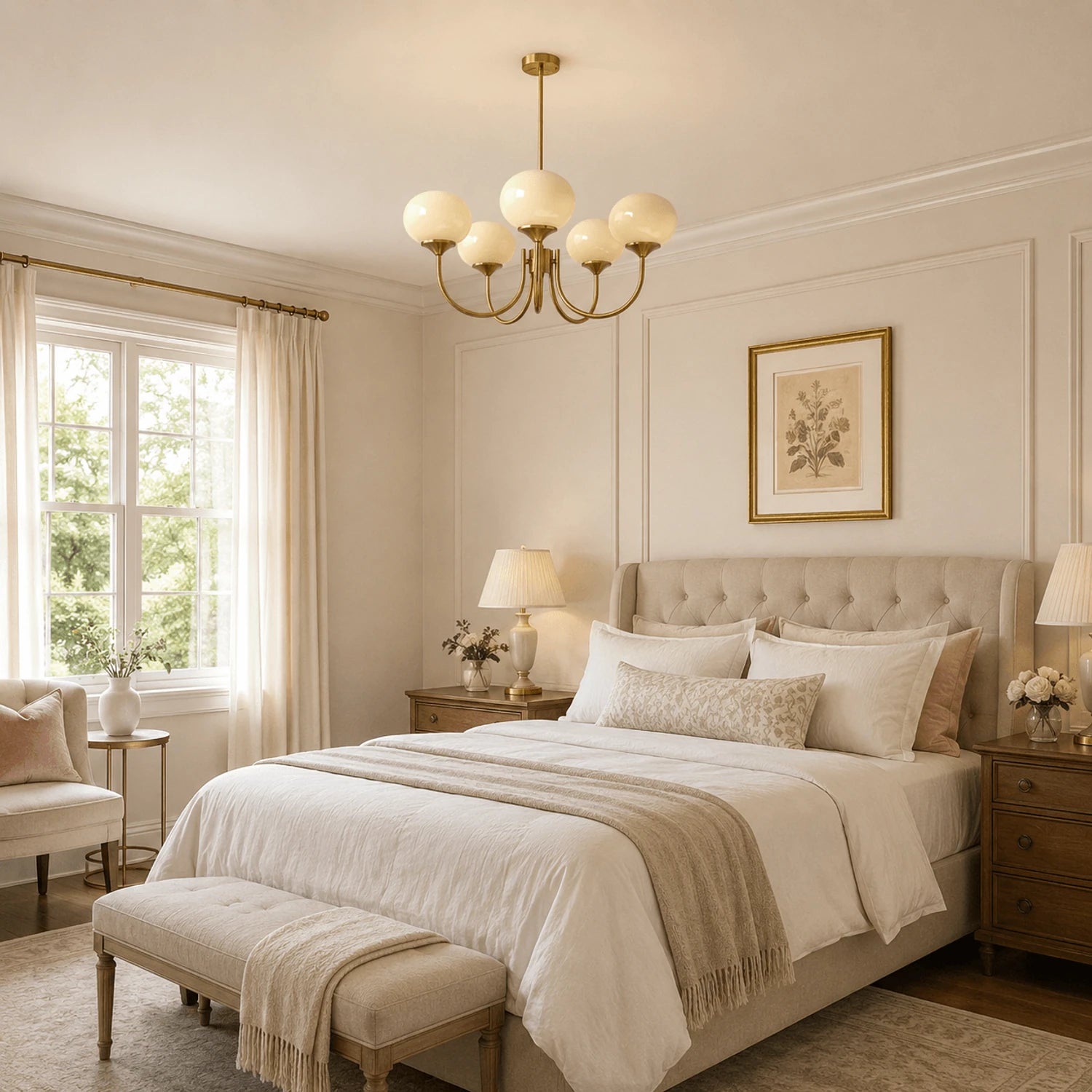 Modern glass ball pendant light with metal finish, suitable for living room or bedroom ceiling lighting.
