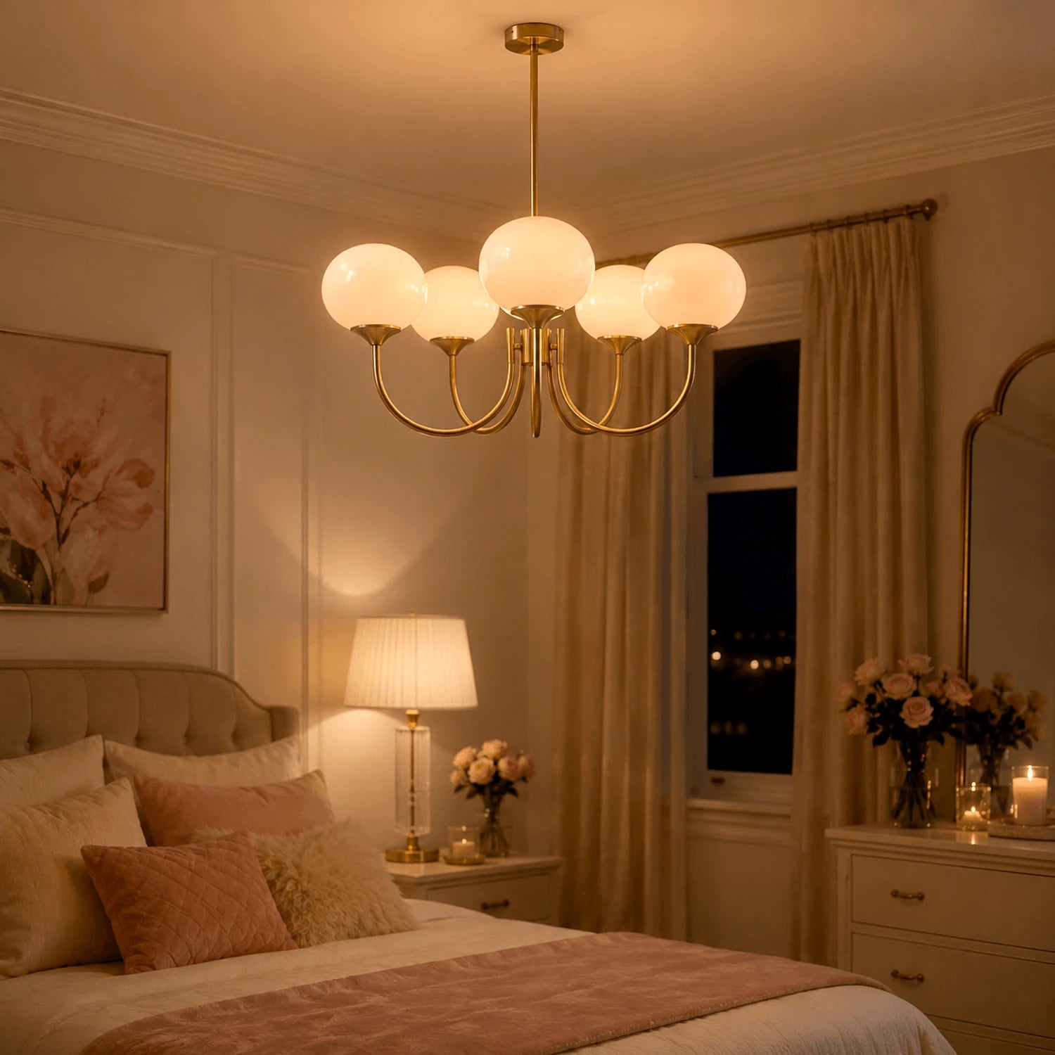 Modern glass ball pendant light with metal finish, suitable for living room or bedroom ceiling lighting.