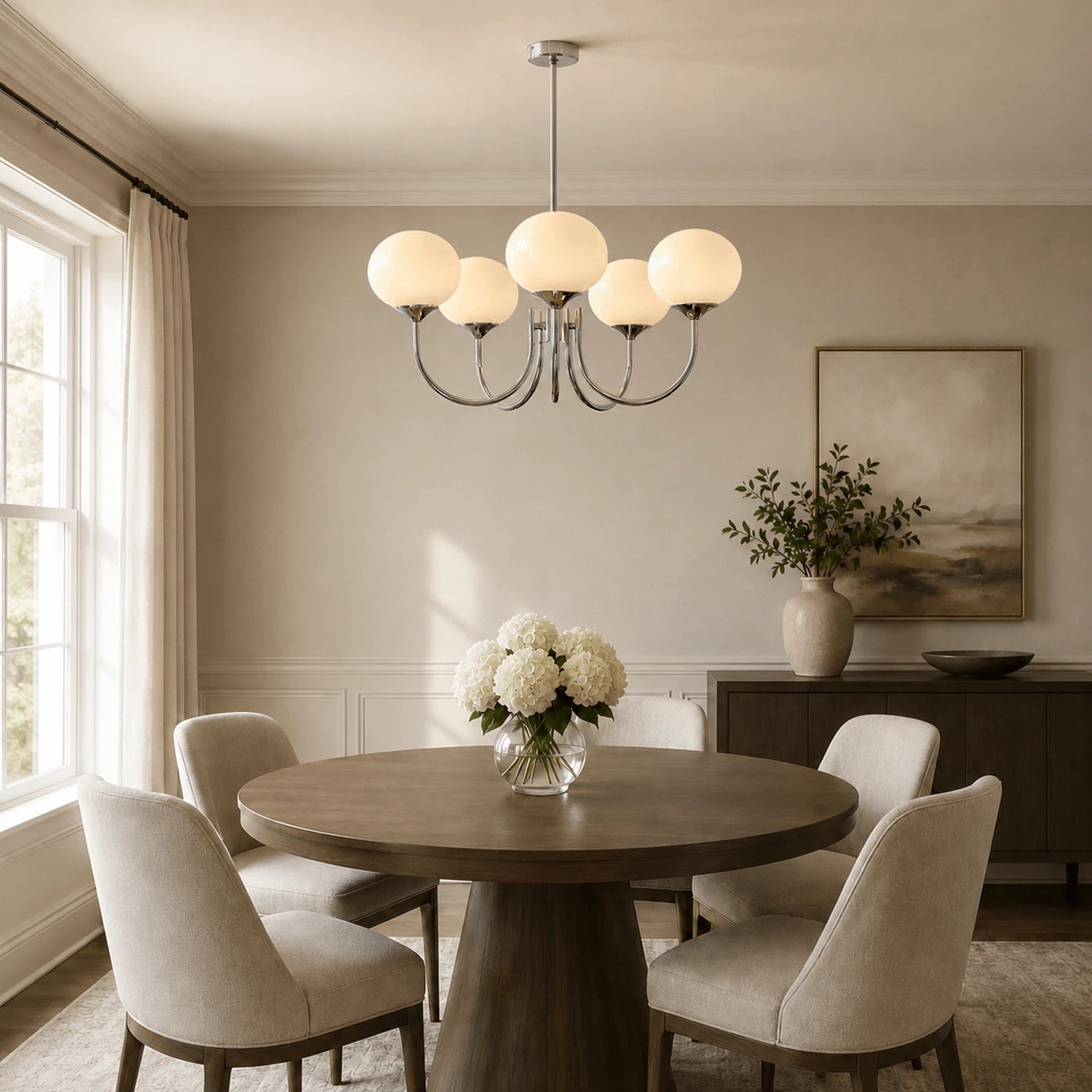 Modern glass ball pendant light with metal finish, suitable for living room or bedroom ceiling lighting.