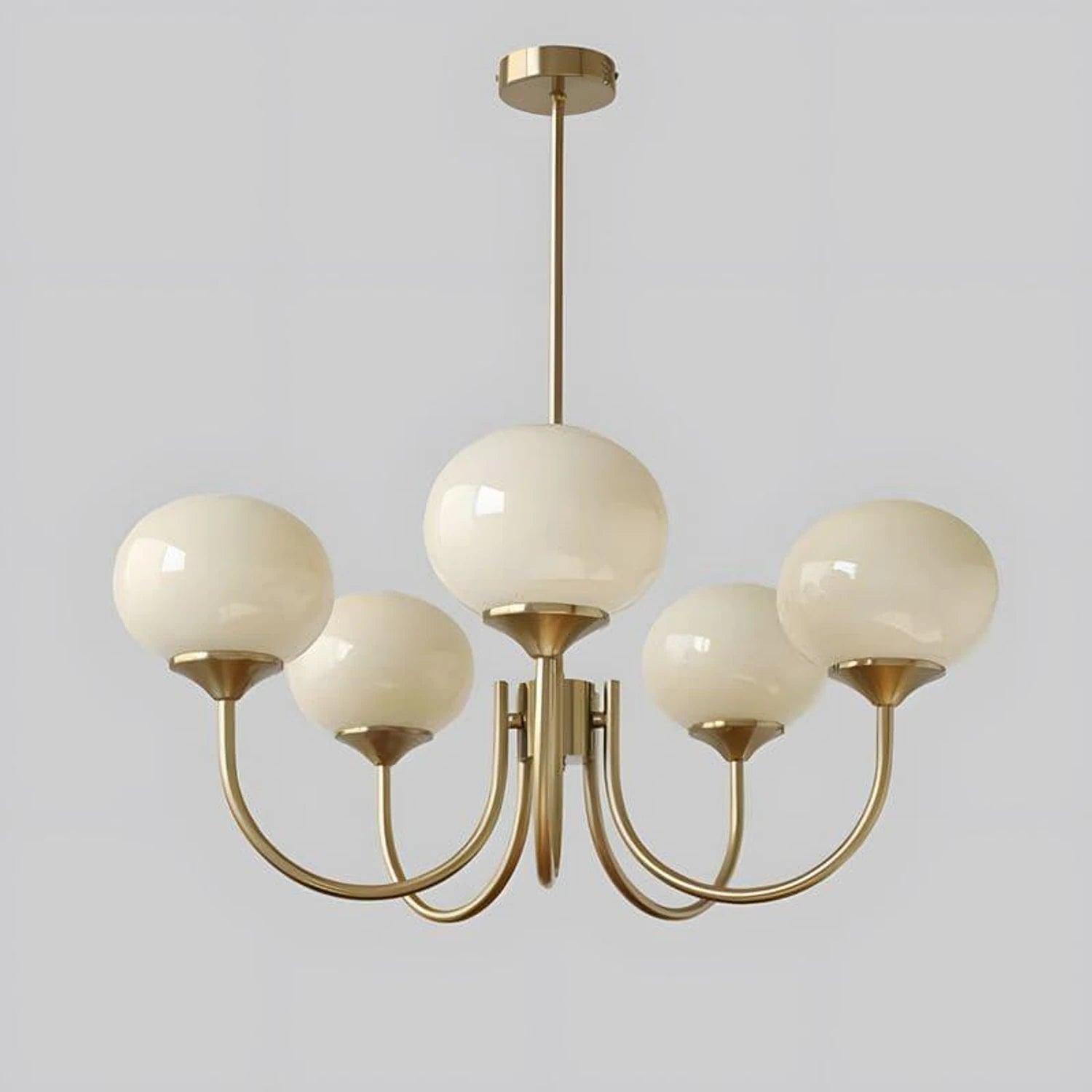 Modern glass ball pendant light with metal finish, suitable for living room or bedroom ceiling lighting.