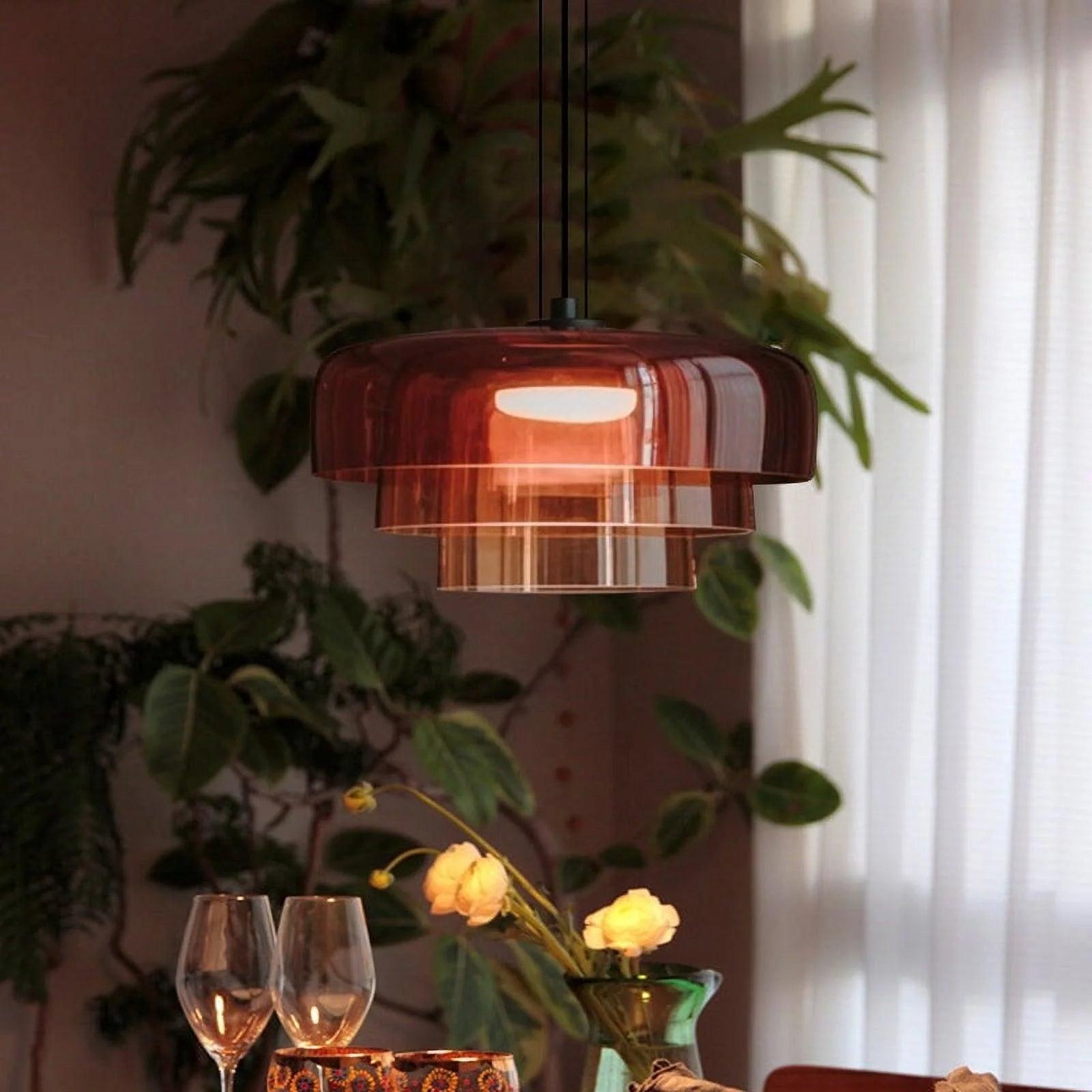 Handcrafted Adjustable Cord Glass Orange Green Gray Ceiling Light