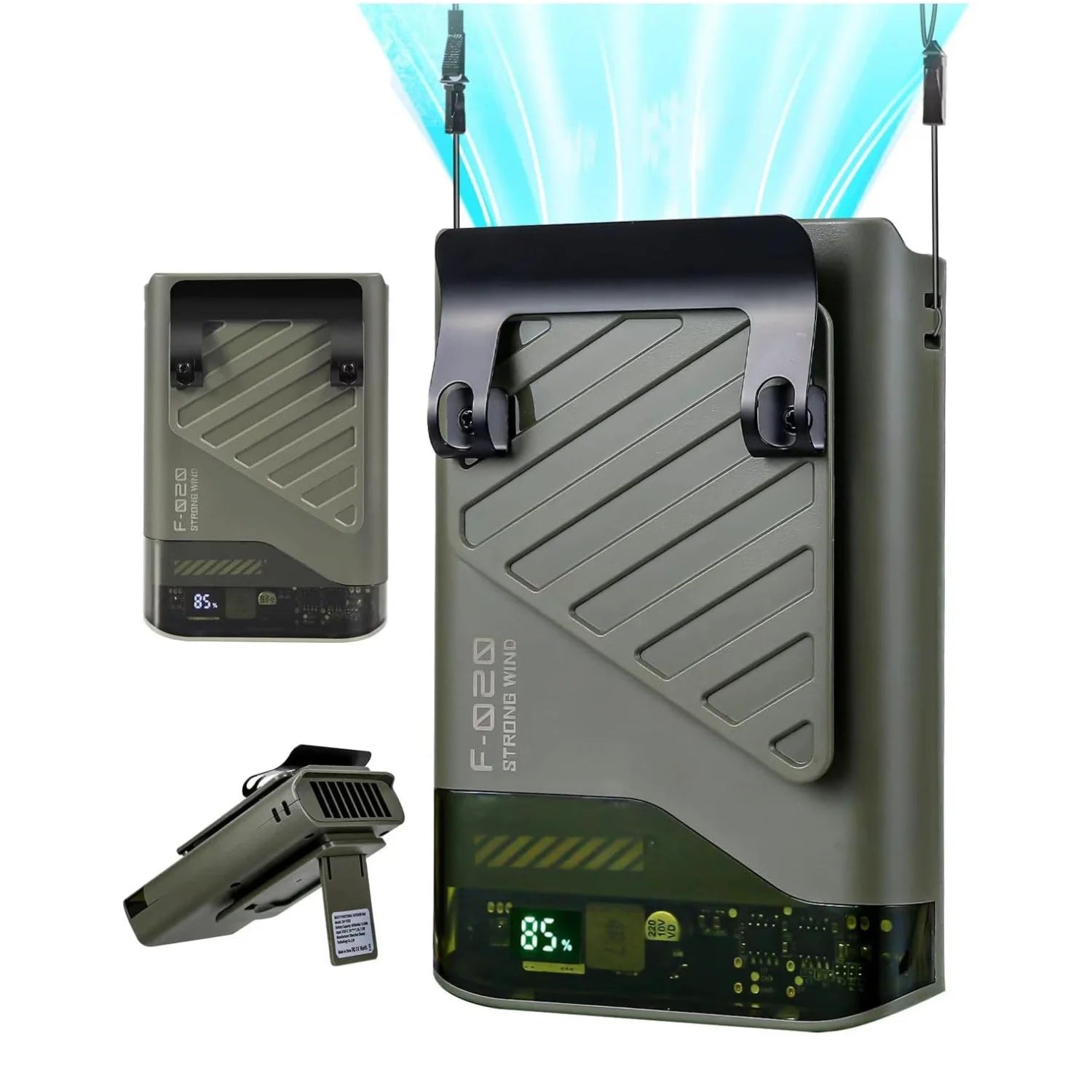 Portable power station with digital display and additional components on a white background