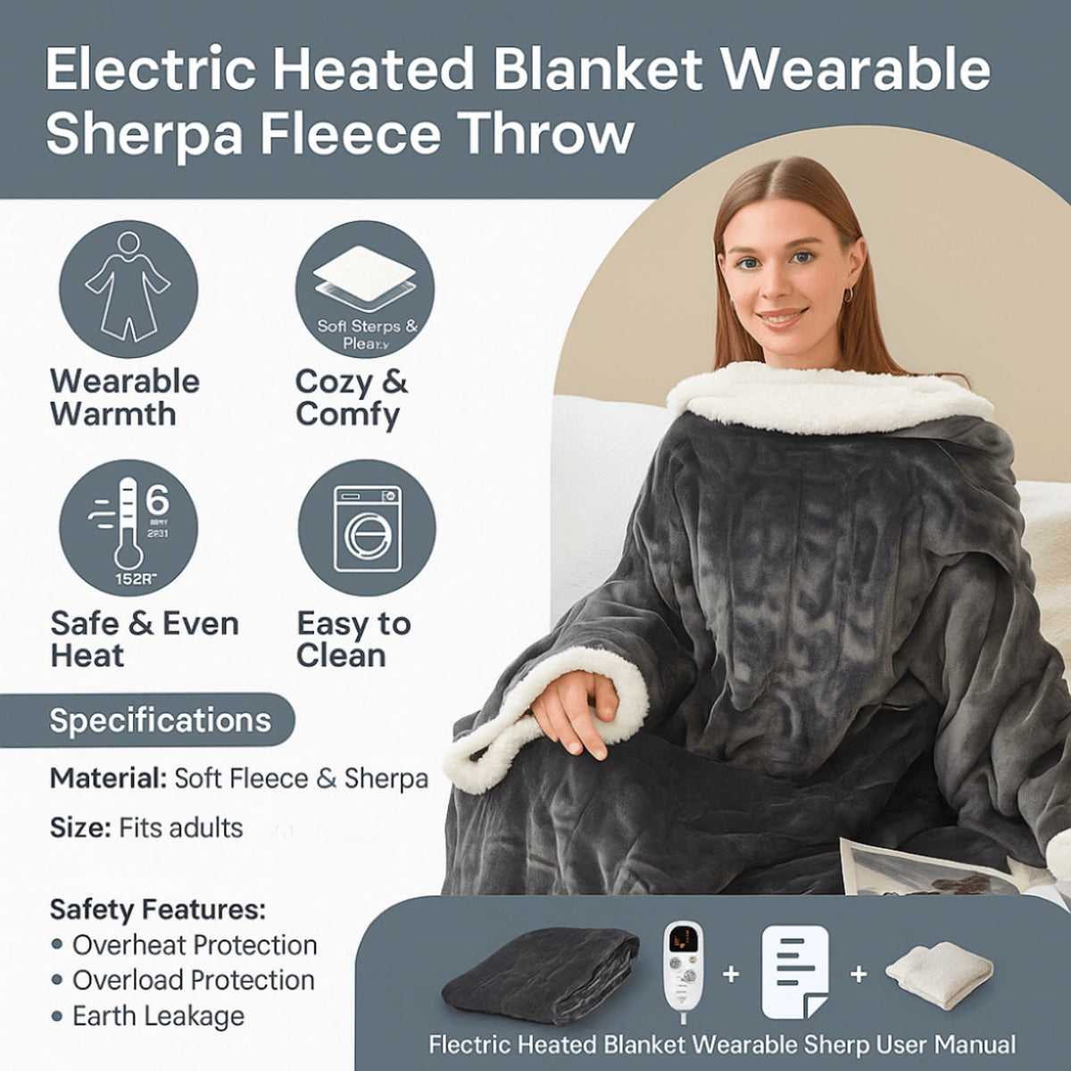 Feature graphic for grey wearable sherpa fleece heated blanket