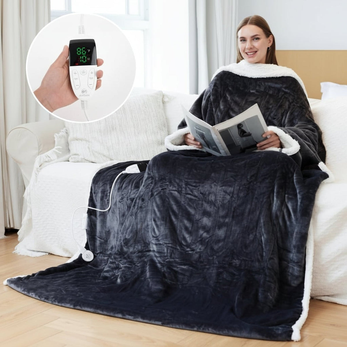 Wearable heated blanket shown with digital controller
