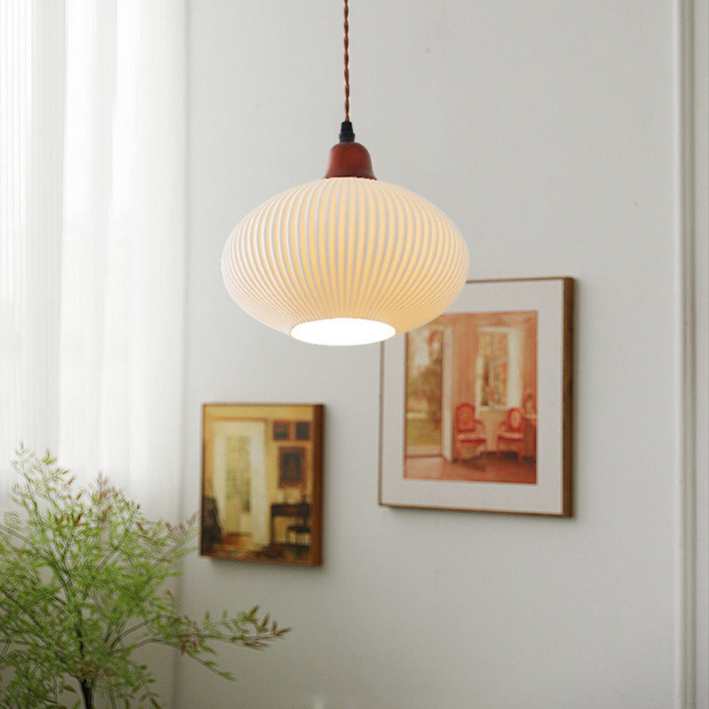 Modern Japandi Ceramic Pendant Light - Ribbed Shade