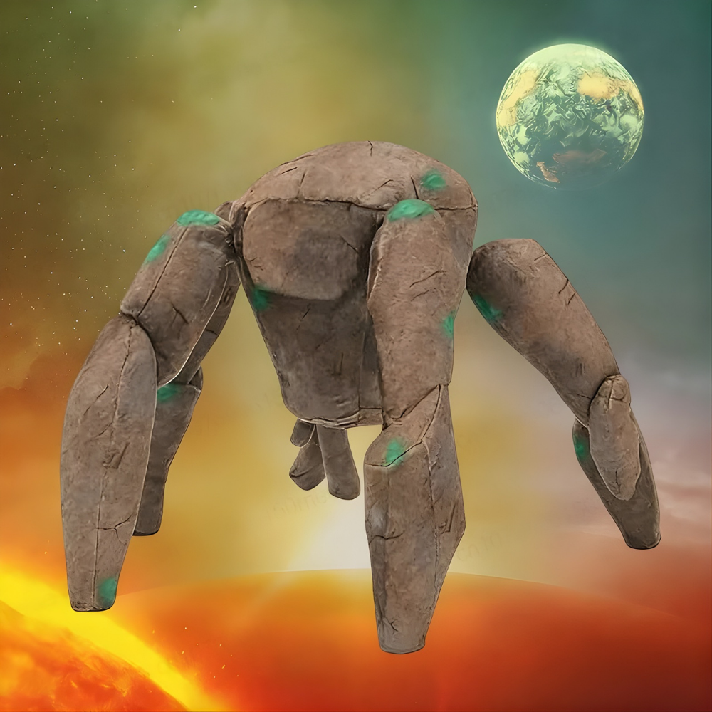 Brown multi-limbed character plush with green markings