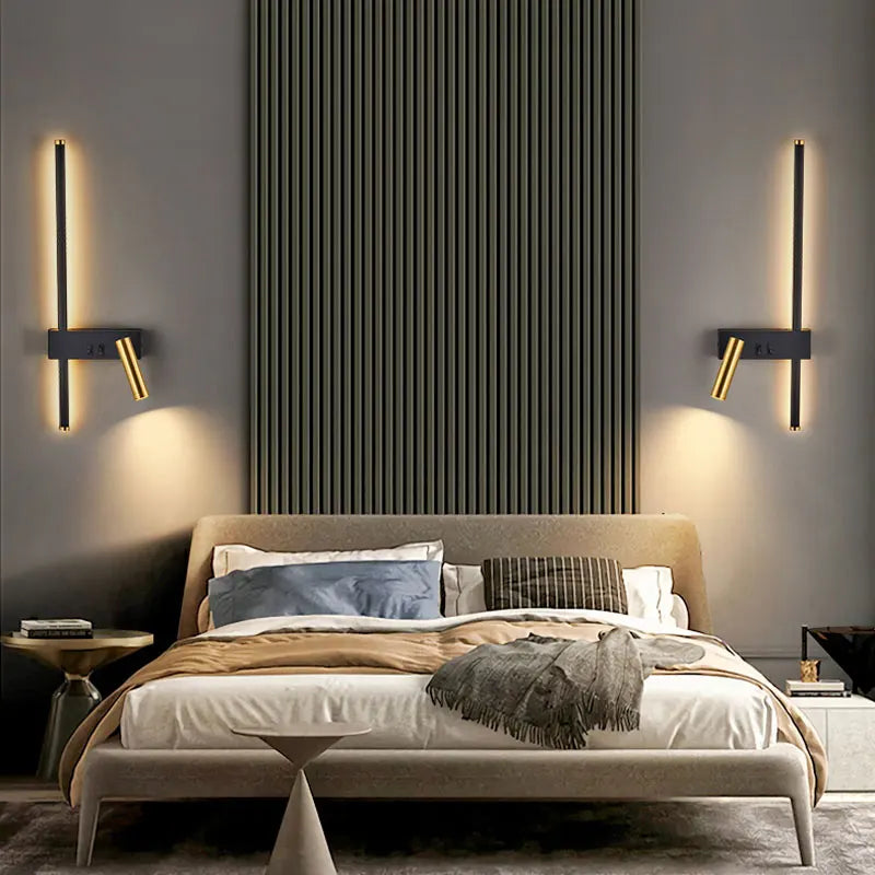 Black Gold Metal LED Wall Light – Dual Switch Reading Light – Bedside Bedroom
