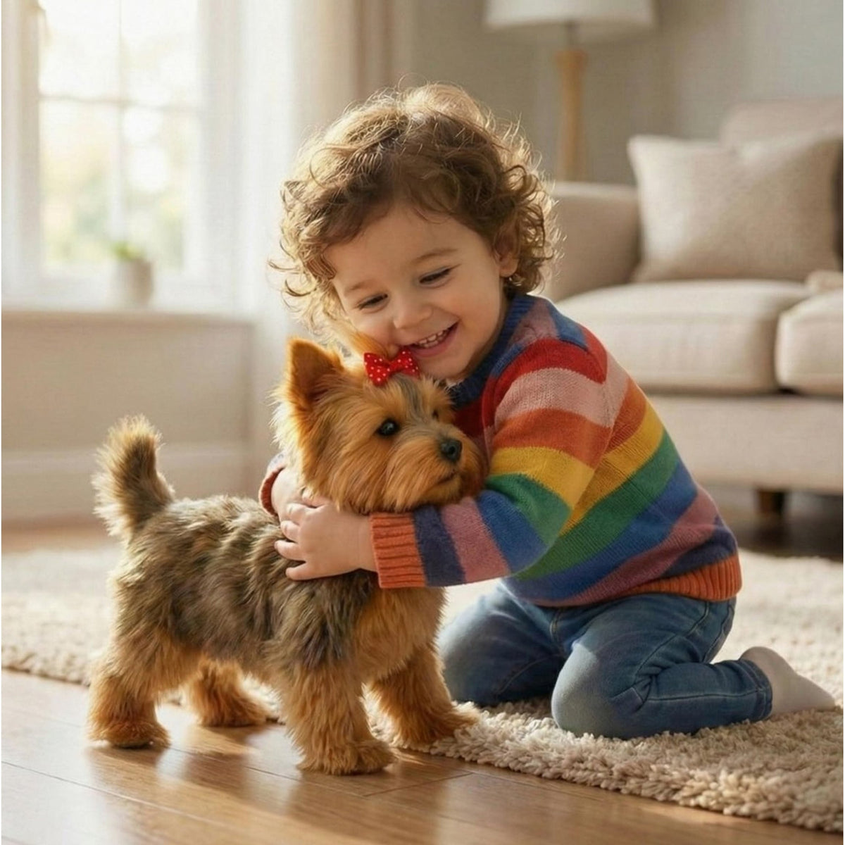 Child holding the plush robot puppy indoors
