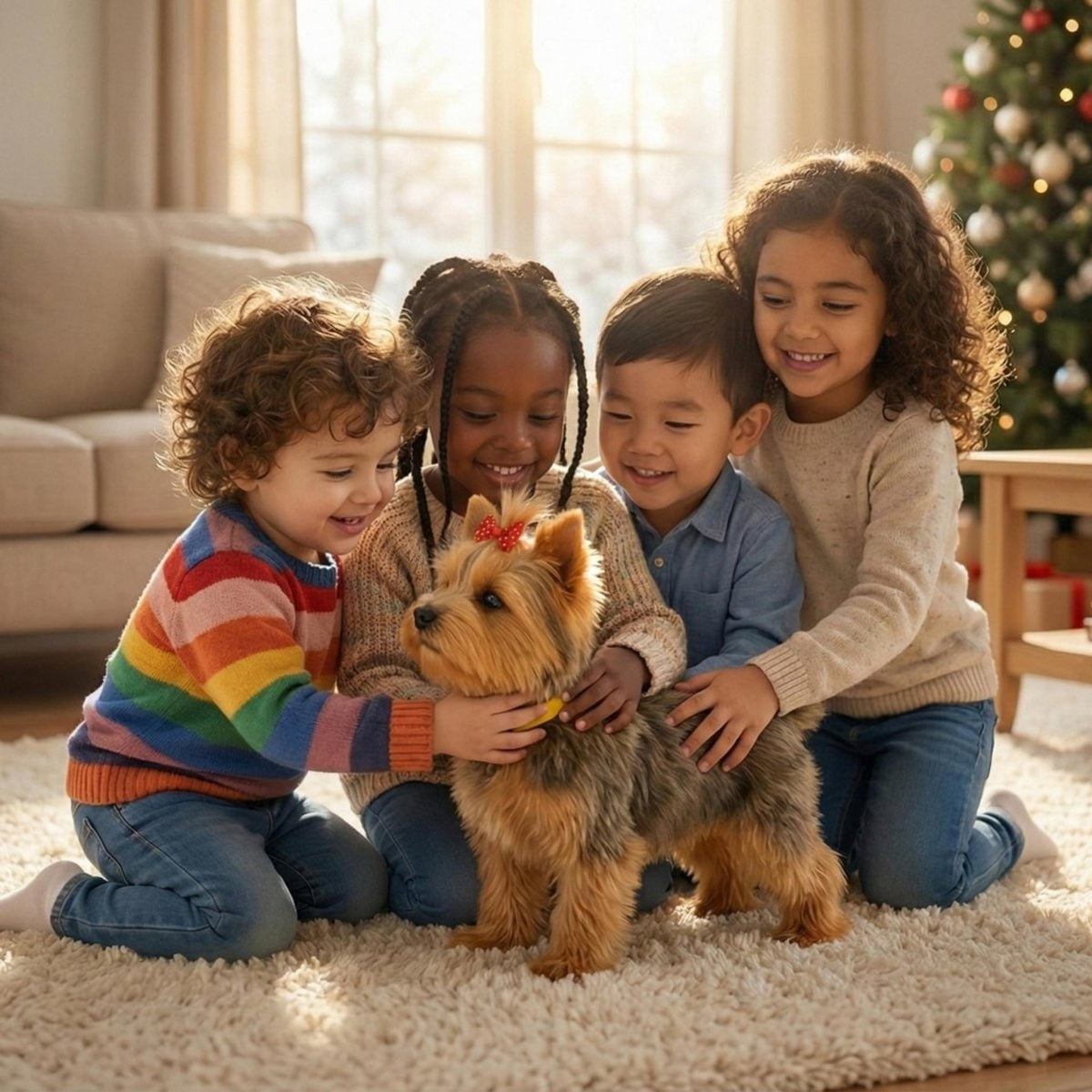 Children gathered around the interactive puppy