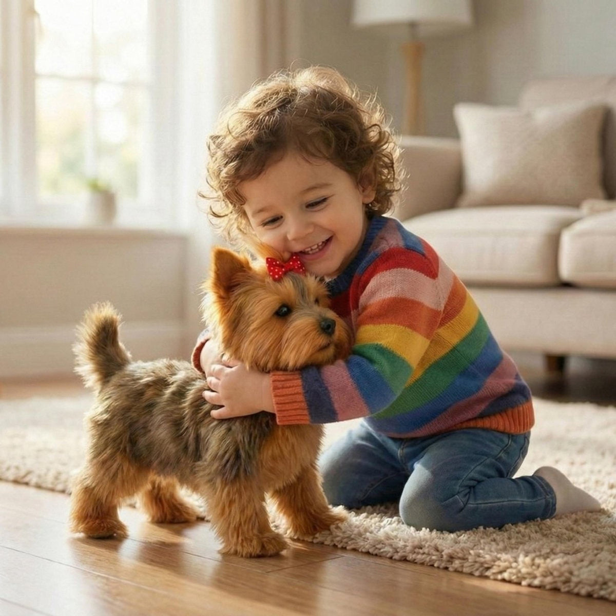Child hugging the brown plush puppy toy