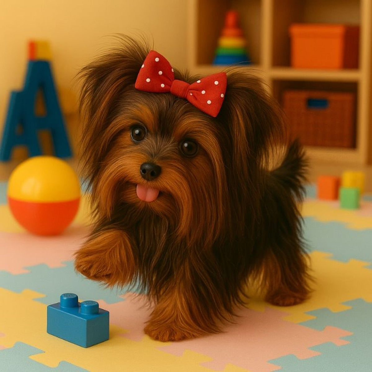 Front view of the brown plush puppy with red bow