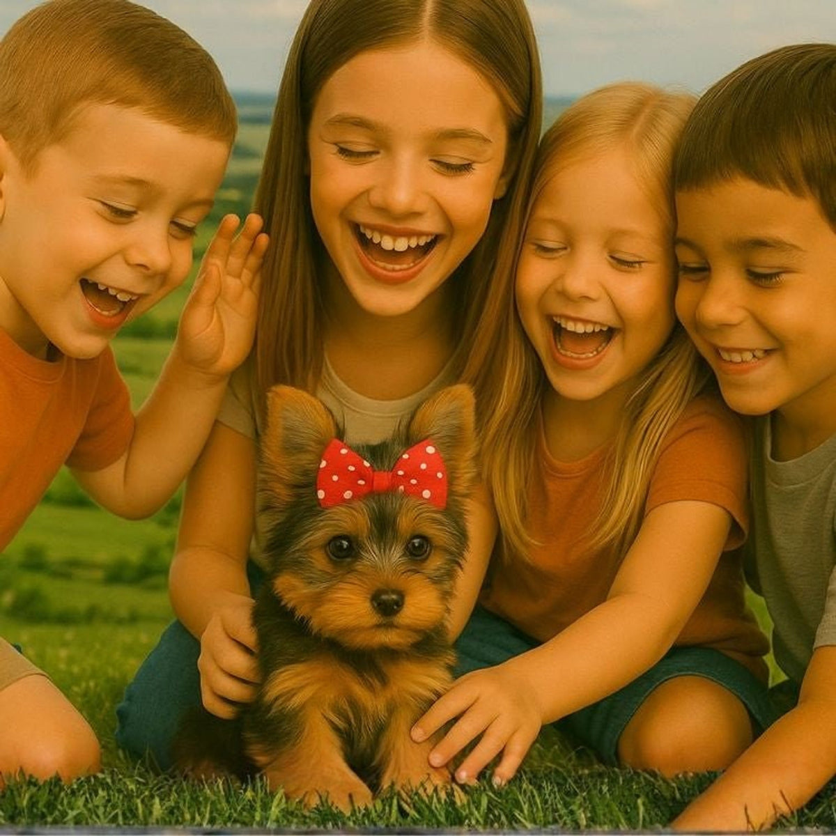 Children playing with a seated toy puppy