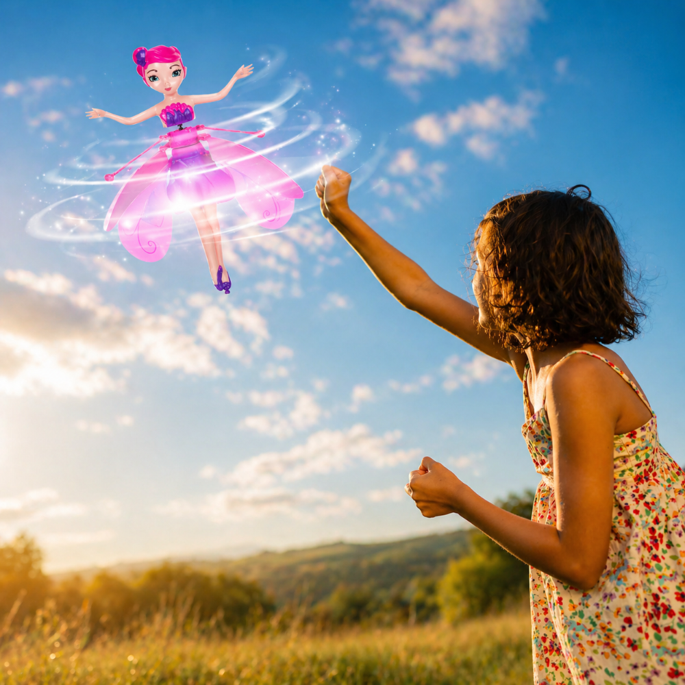 Pink flying fairy shown above a raised hand outdoors