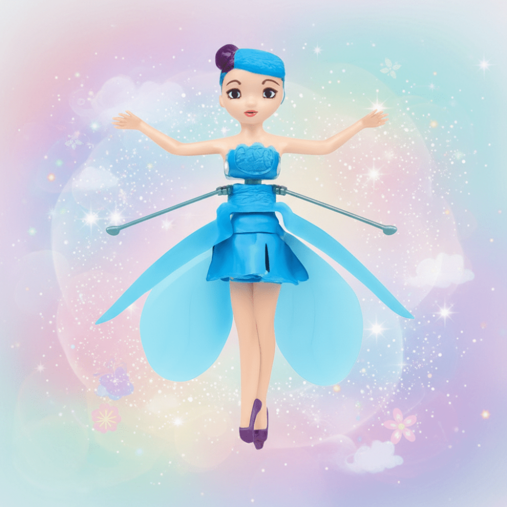 Blue flying fairy shown against a glowing background