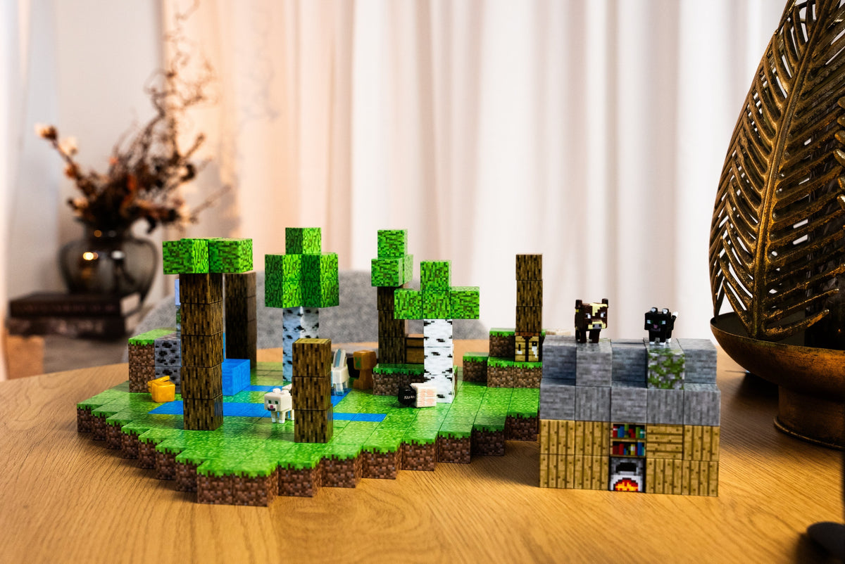 Large house and tree landscape built from printed cubes