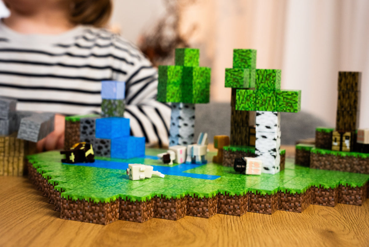 Magnetic block landscape with grass and water patterns