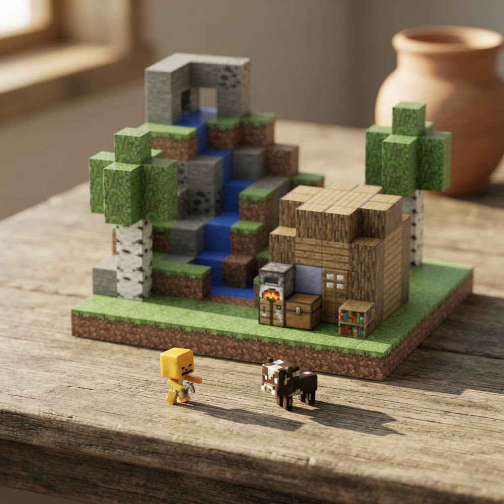 Patterned magnetic cube landscape with small animal props