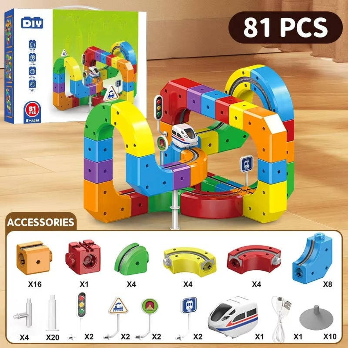 81-piece train track set contents diagram