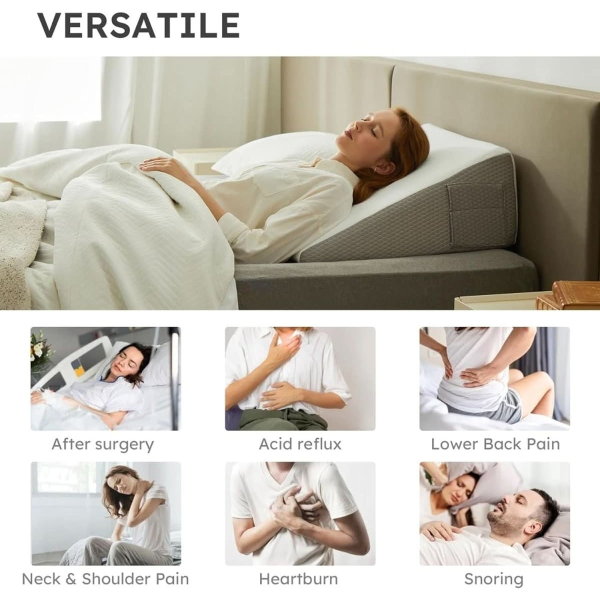 Wedge pillow shown in several resting positions