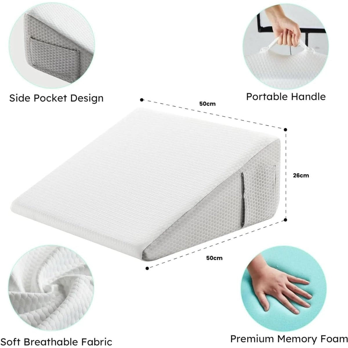 Wedge pillow size diagram showing 50 × 50 × 26 cm