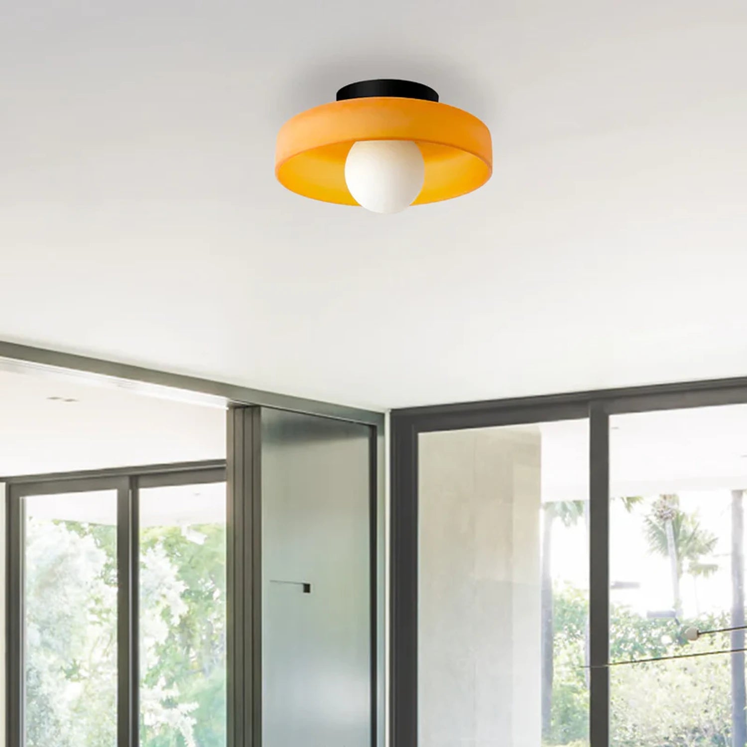 Minimalist modern flush mount ceiling light in olive green with a low-profile design for soft, glare-free illumination in bedrooms and hallways.