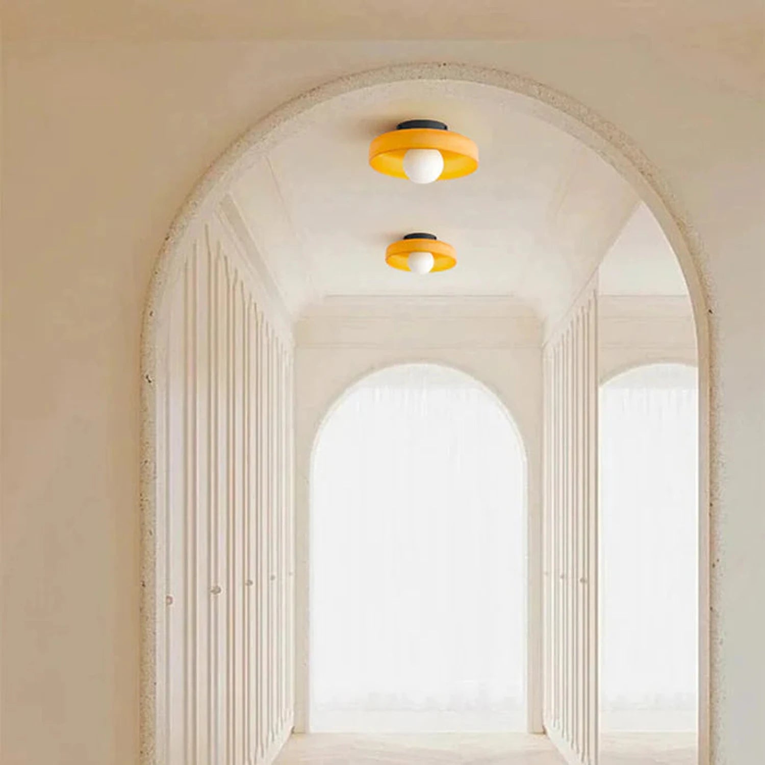 Minimalist modern flush mount ceiling light in olive green with a low-profile design for soft, diffused home lighting.