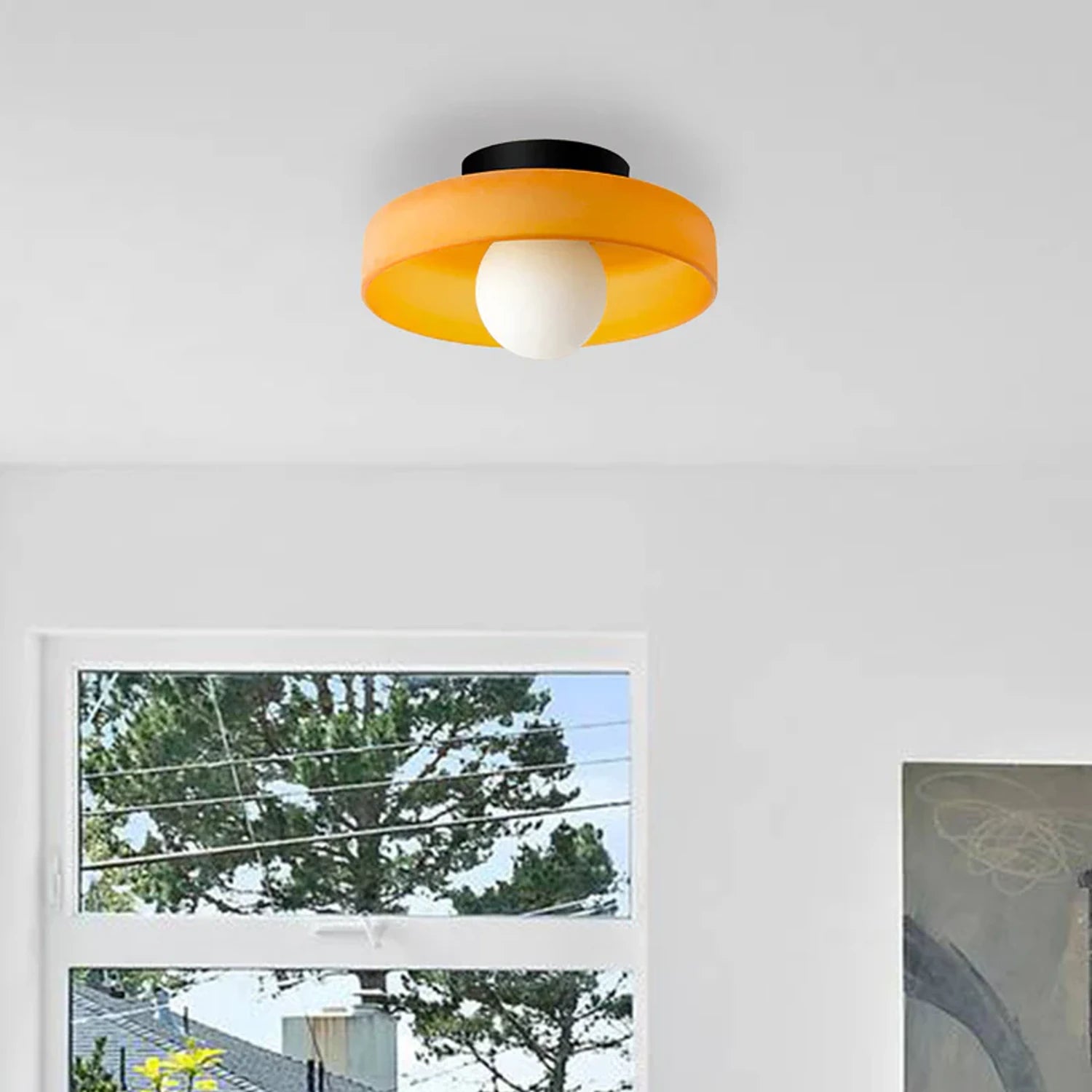 Minimalist modern flush mount ceiling light in olive green with a low-profile design for soft, diffused illumination in bedrooms and hallways.