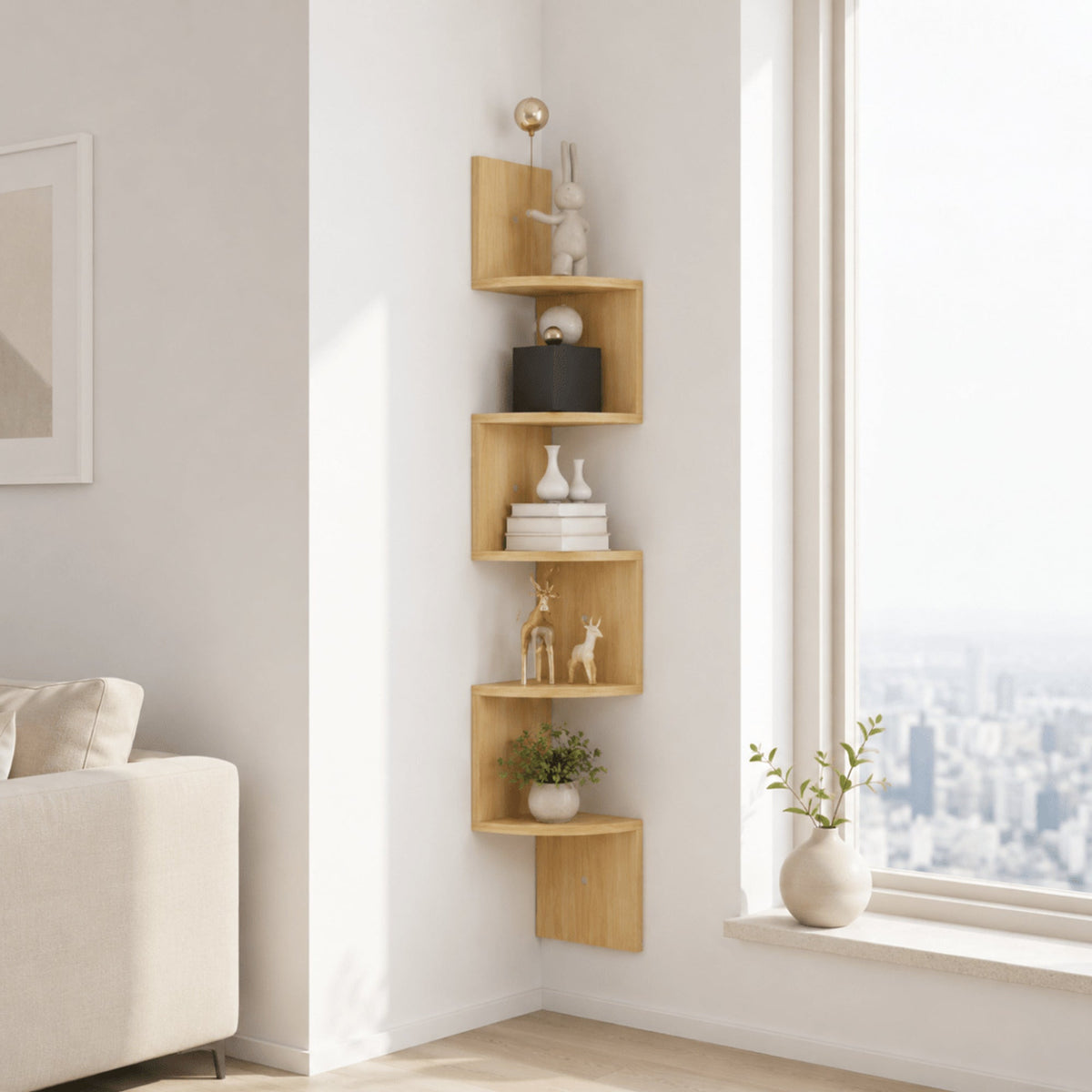 Brown wood-effect five-tier corner shelf