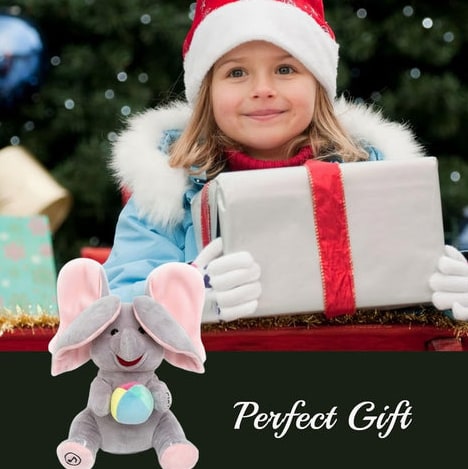 Musical elephant plush presented as a gift