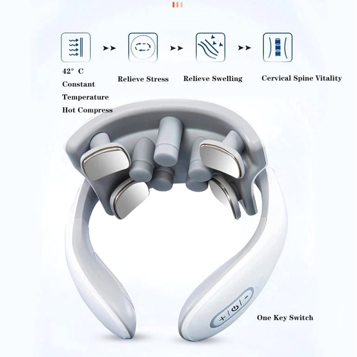 Neck massager shown with feature illustrations