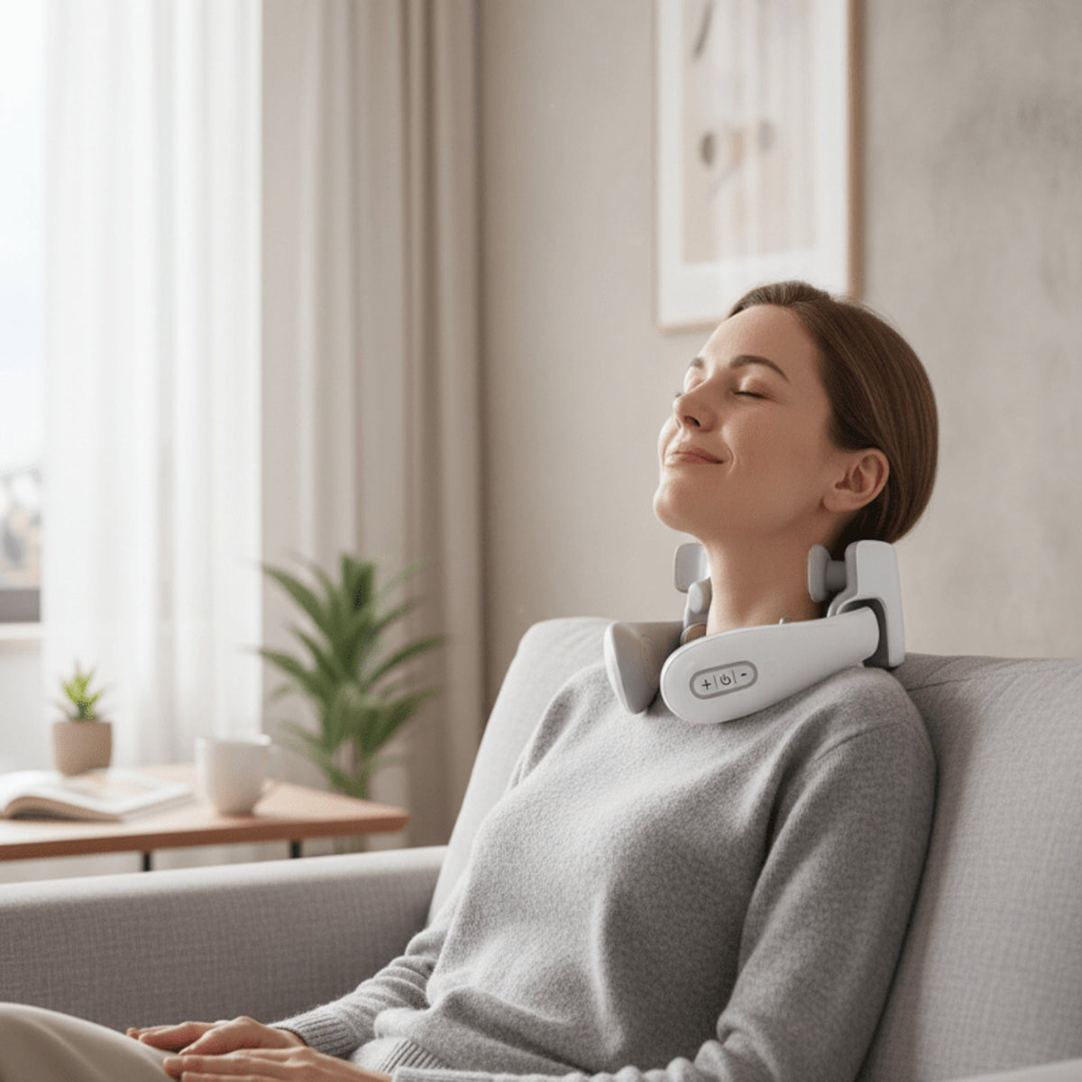 Wraparound neck massager shown in use