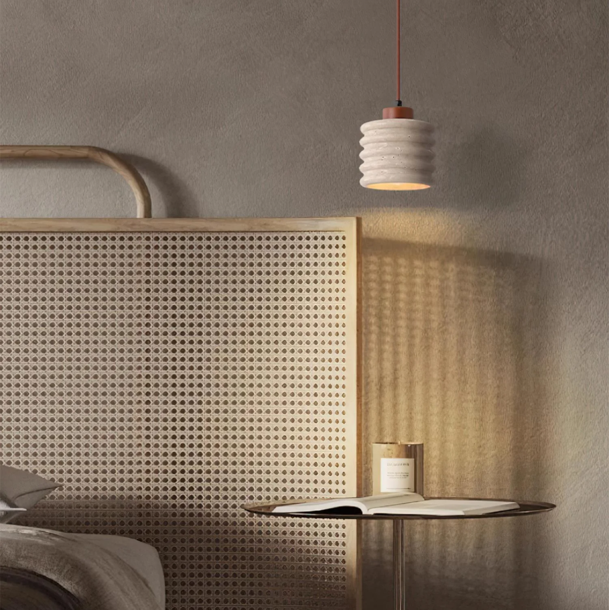 Sculptural Travertine And Walnut Elegant Pendant Lamp