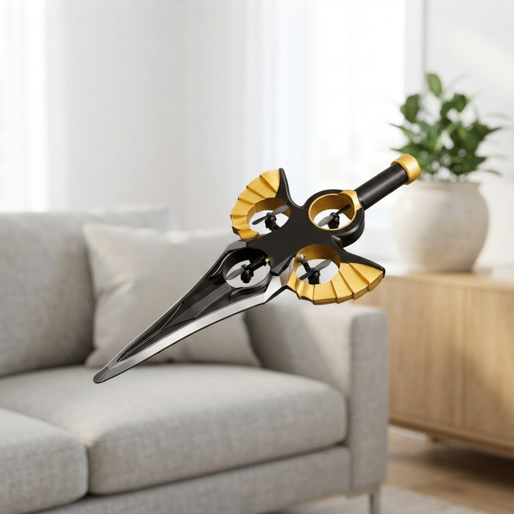 Gold-accented sword-shaped flying toy