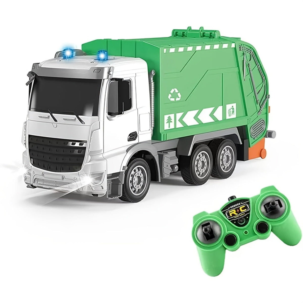 Green and white RC rubbish truck with green controller