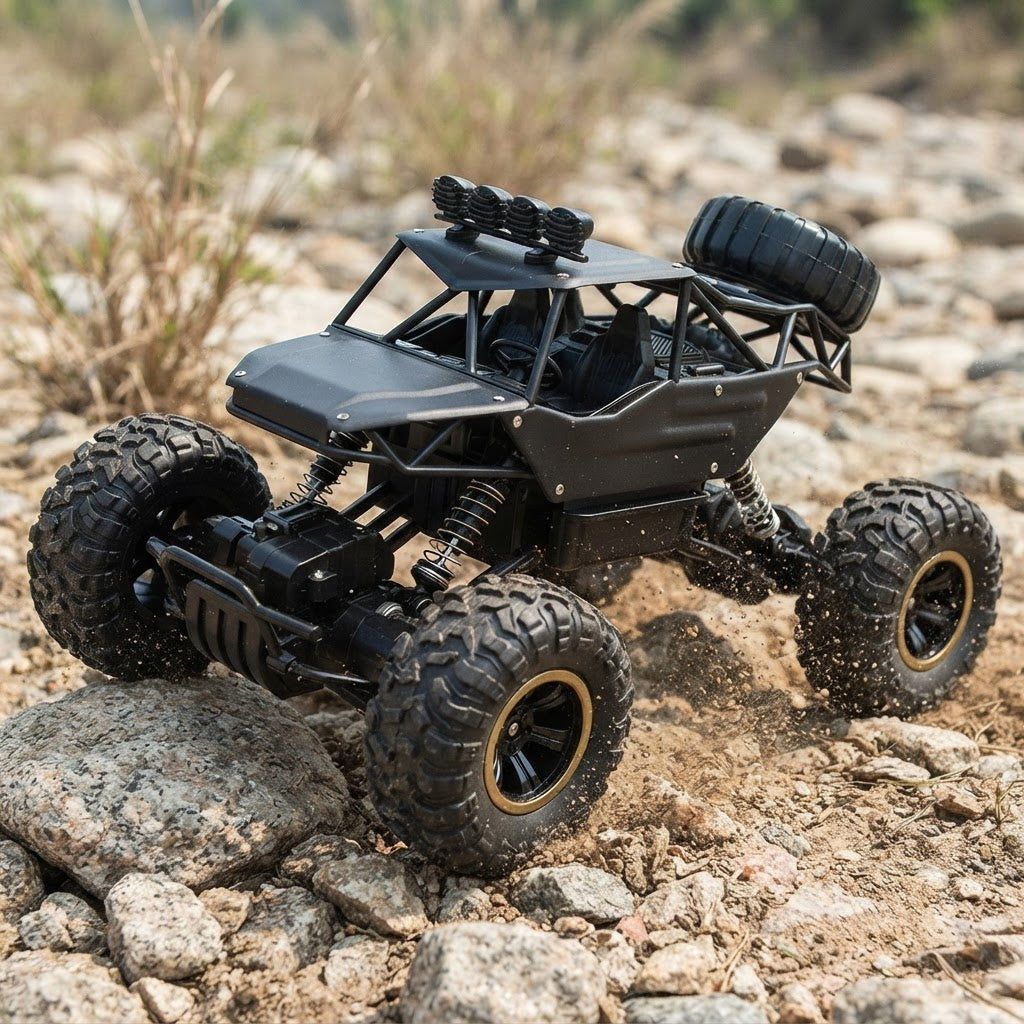 Black 4x4 RC car on rocky ground