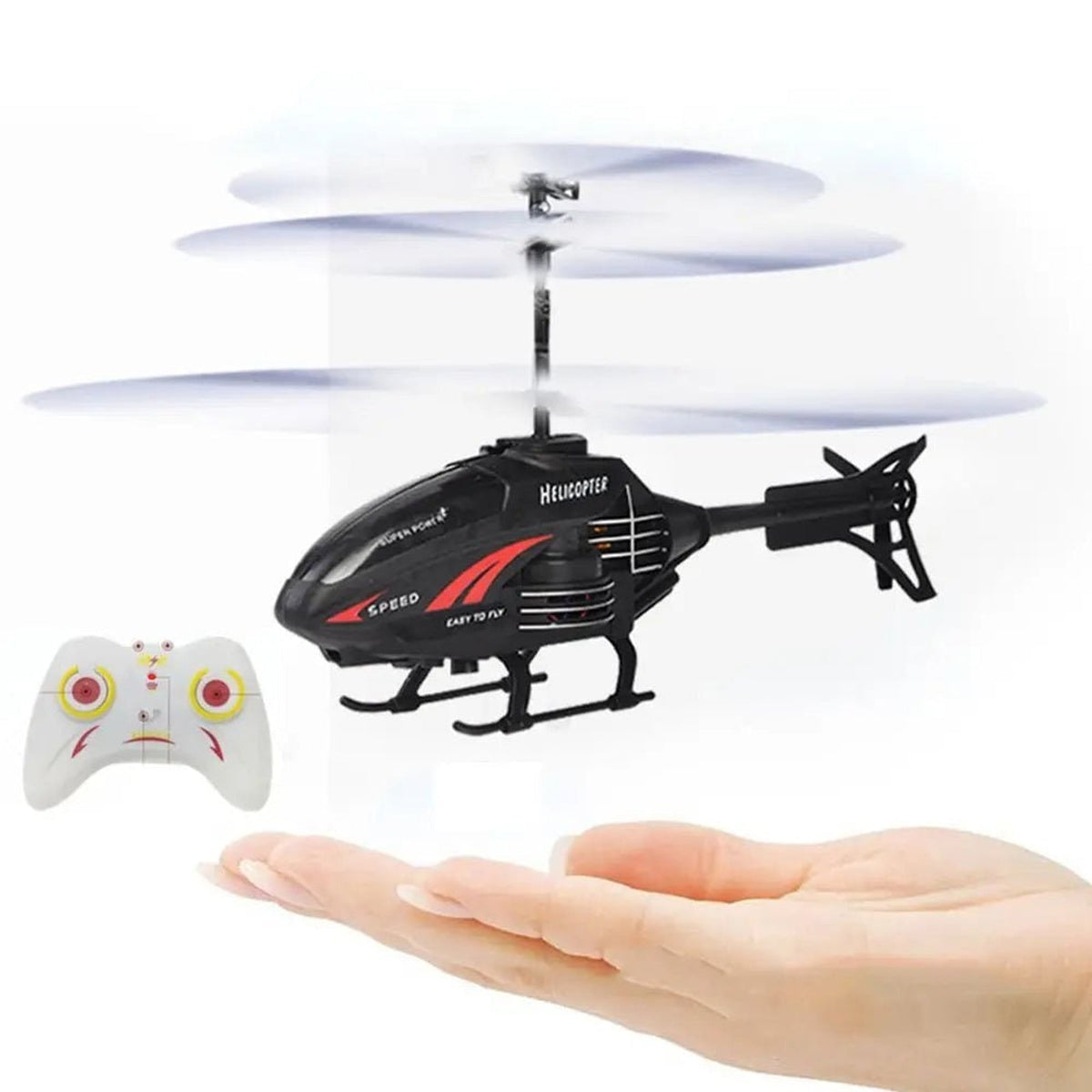Compact RC helicopter shown over an open hand