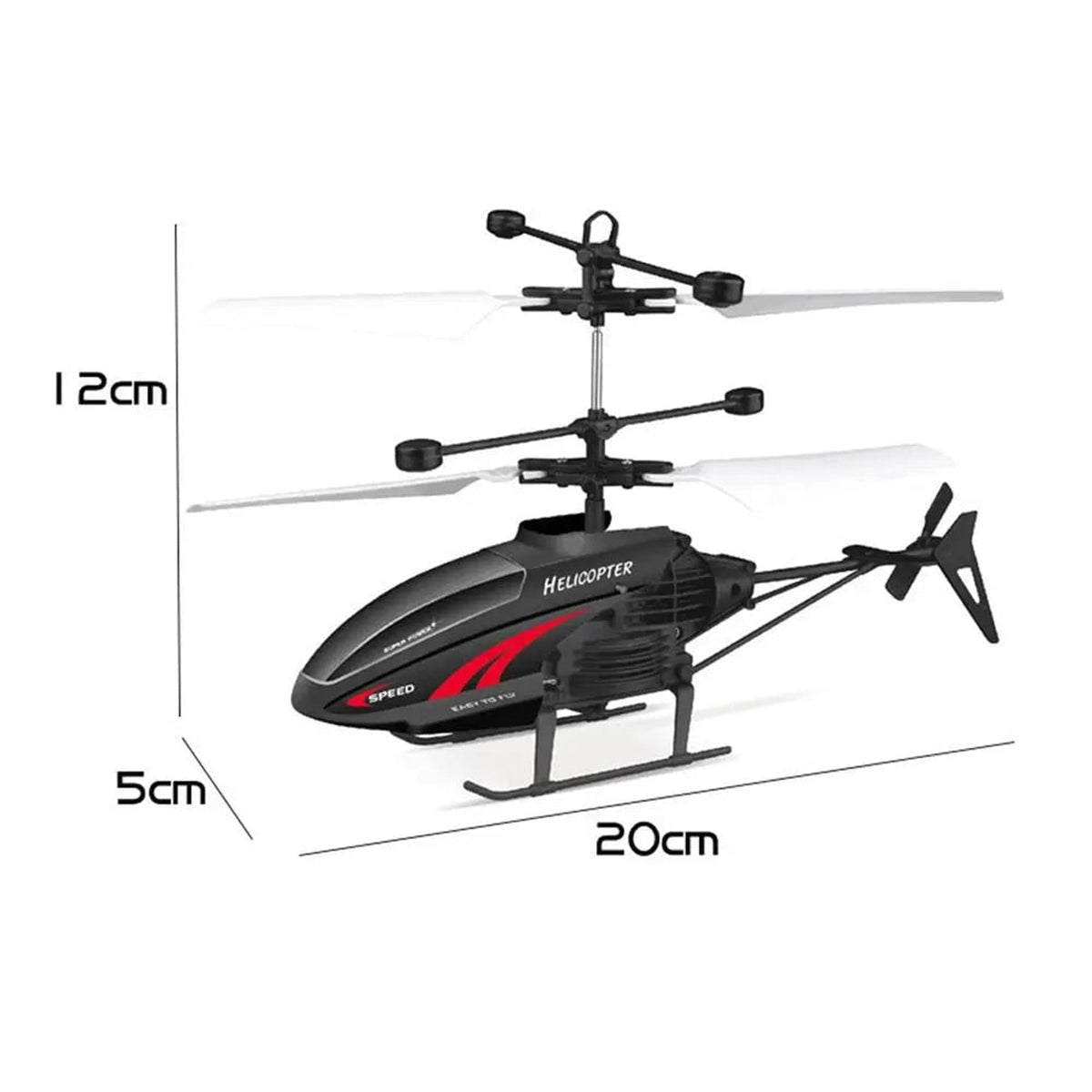 Helicopter dimension diagram showing 20 by 5 by 12 cm