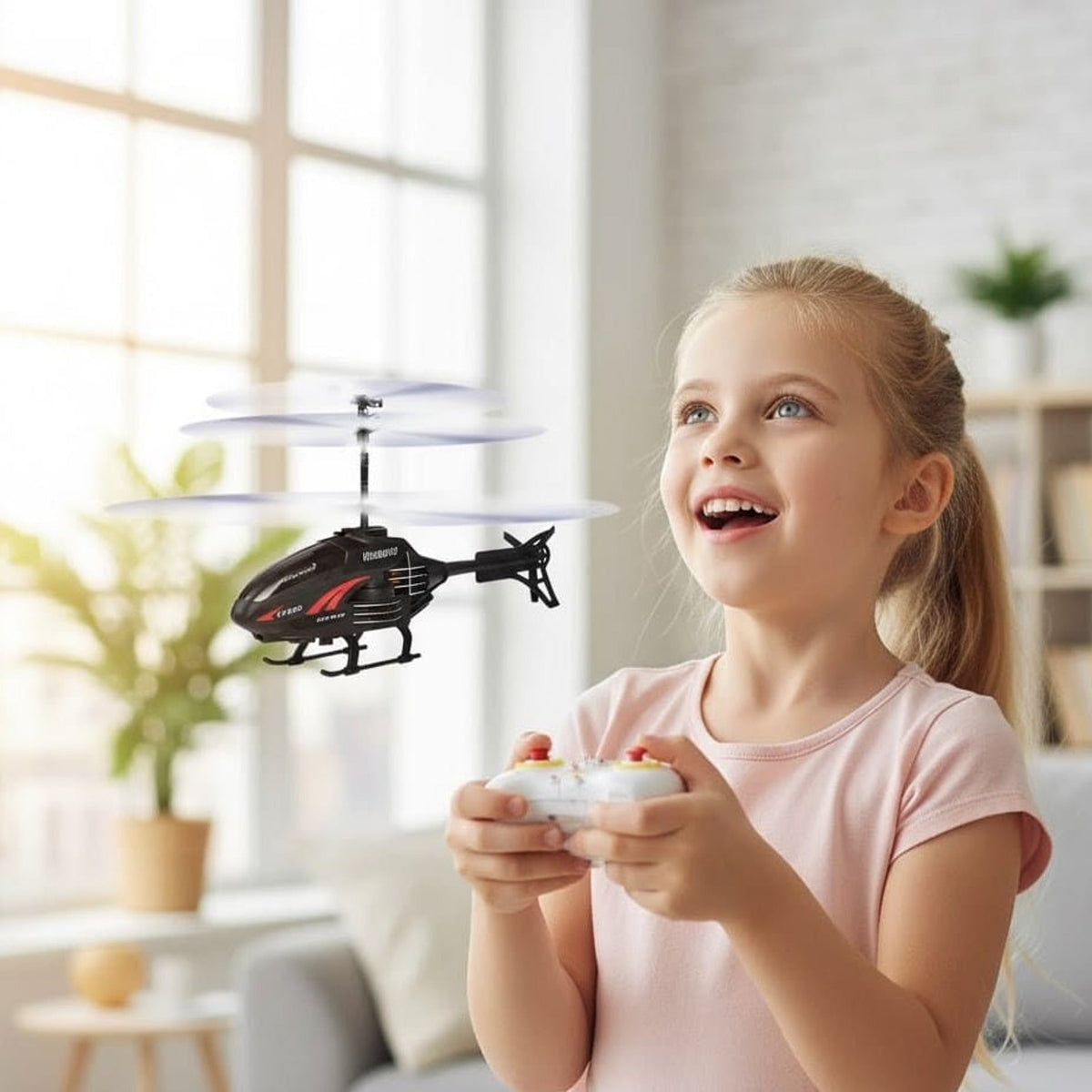 Child flying a compact helicopter indoors